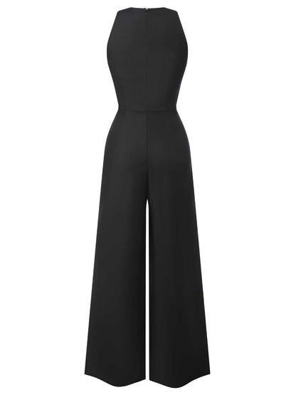 Schwarz 1950er Ärmellos Geknöpft Solide Jumpsuit