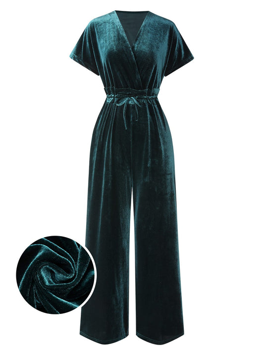 1940er Solide Taillengürtel V-Ausschnitt Samt Jumpsuit