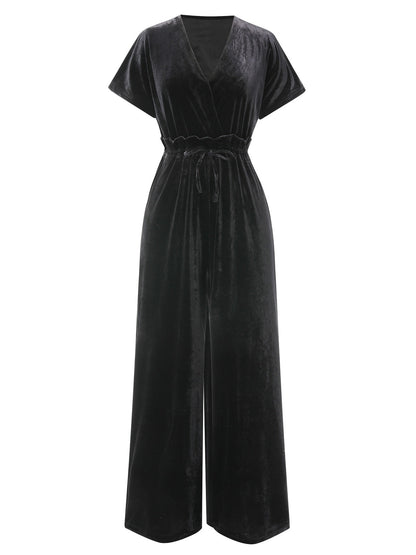 1940er Solide Taillengürtel V-Ausschnitt Samt Jumpsuit