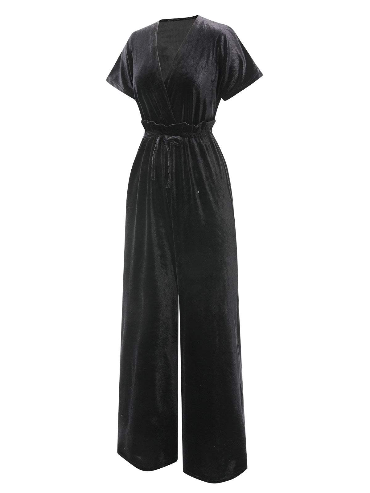 1940er Solide Taillengürtel V-Ausschnitt Samt Jumpsuit