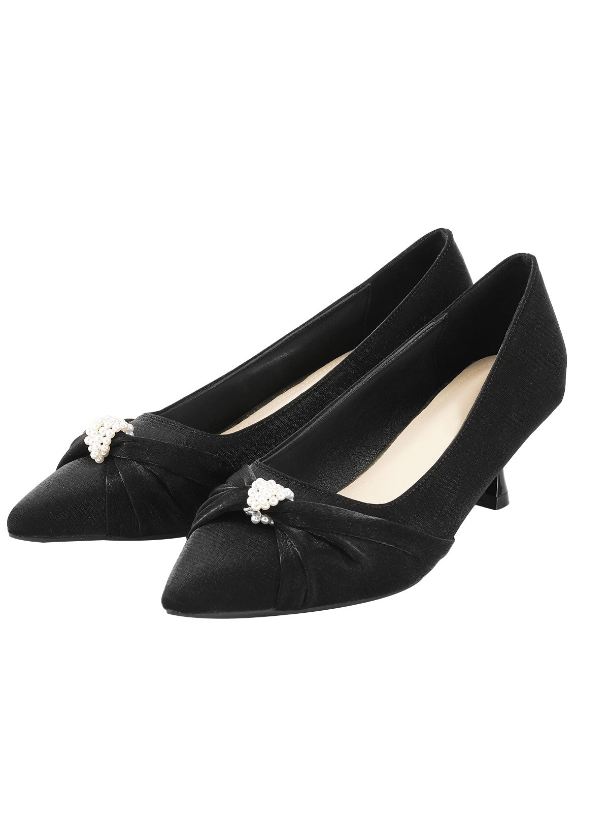 Schwarze Kitten-Heels-Schuhe mit Perlenverzierung