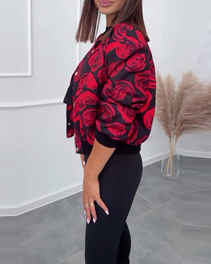 Lässige Jacke mit Knöpfen und Rosen-Print